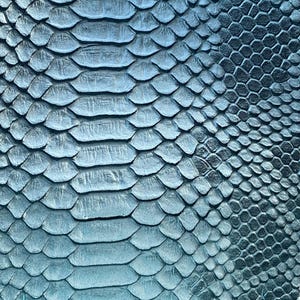May include: Close-up of a textured, blue-green snakeskin pattern. The scales vary in size and shape, creating a detailed and visually interesting surface. The pattern is suitable for fashion or decorative applications.