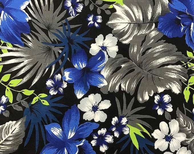 Black royal Hawaiian Flowers Print Poly Cotton Fabric, Sells by The Yard