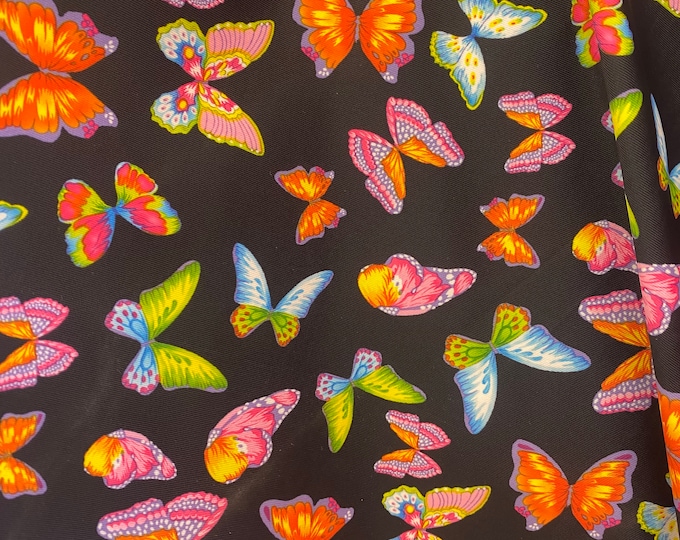 multi butterfly on black  pattern 4 way stretch spandex fabric,SOLD BY YARD 60 inches wide