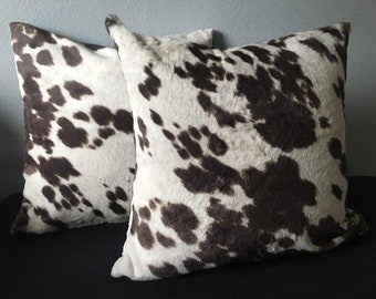 ULTRA SOFT Chocolate Brown Cow print short furry Home decor throw pillows 18 by 18 Inch- Set of 2