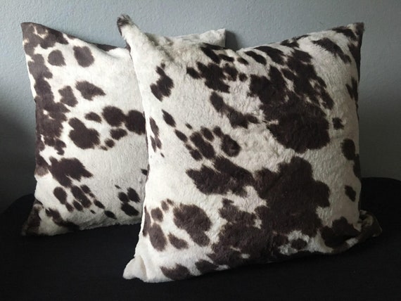 ULTRA SOFT Chocolate Brown Cow Print Short Furry Home Decor Throw Pillows 18  by 18 Inch Set of 2 