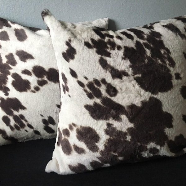 ULTRA SOFT Chocolate Brown Cow print short furry Home decor throw pillows 18 by 18 Inch- Set of 2