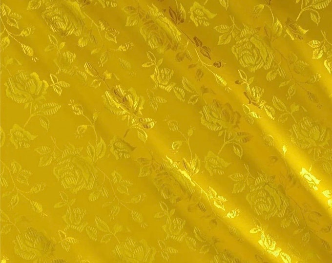 Yellow Jacquard fabric Satin Floral 58" wide per yard
