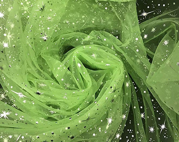 Star sparkle Bursts on lime Sheer Organza 58 Inch Wide Fabric