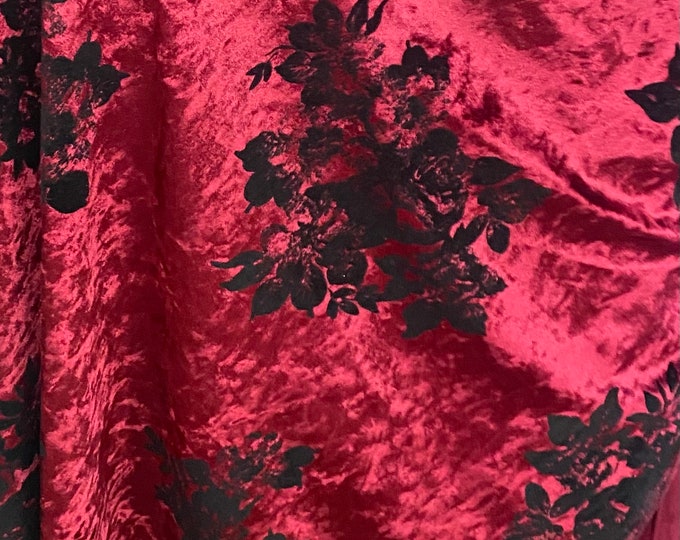 Black floral Crushed Stretch Burgundy Velvet 4-WAY Stretch Fabric