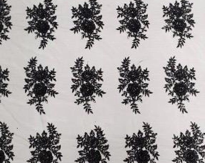 Black hand beaded scalloped lace floral mesh Fabric by the yard, 52" Wide
