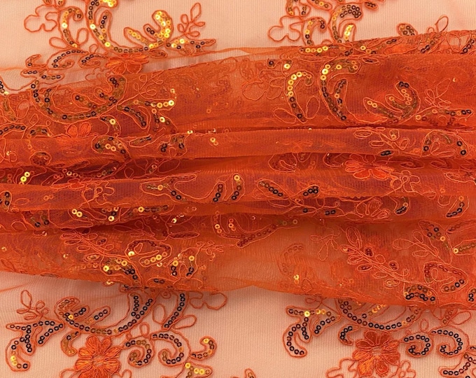 Elena orange corded Floral lace with sequin Fabric Sold By The Yard