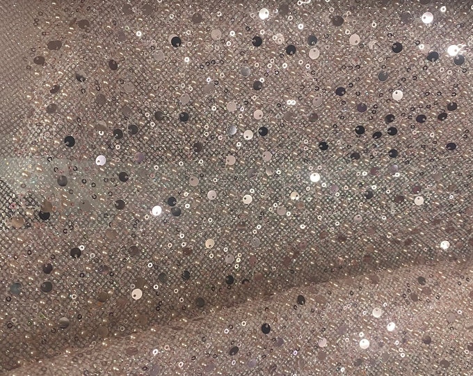 Blush beaded sequins and pearls on mesh fabric, 54 inches wide