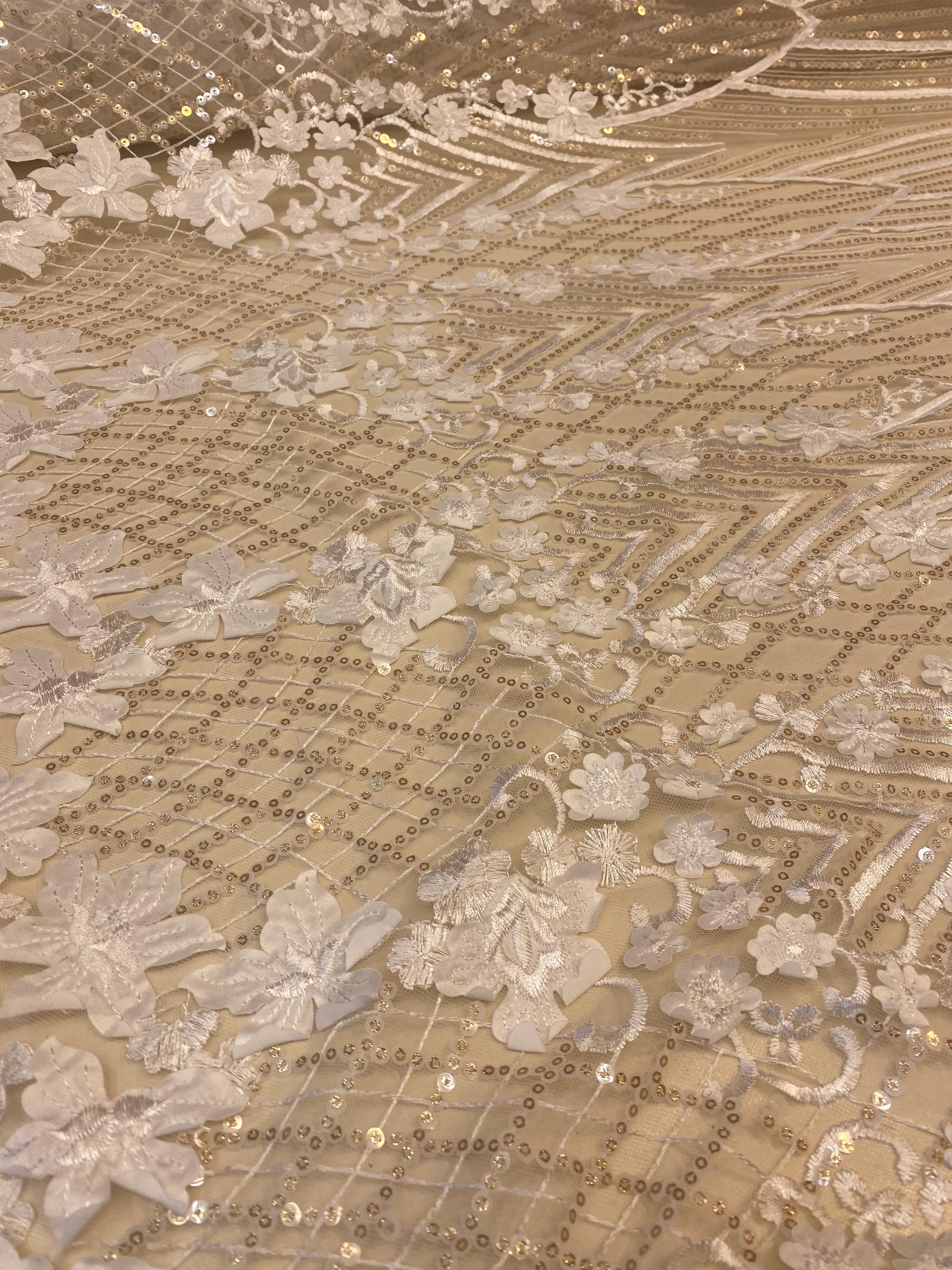 Beige 3D Floral Sequin Lace Fabric on Mesh – Wedding Dress Lace ...
