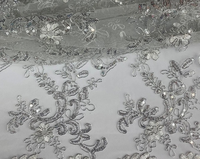 Elena white silver corded Floral lace with sequin Fabric Sold By The Yard