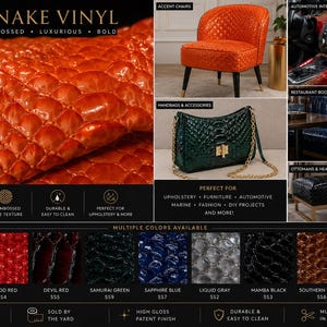 May include: 3D embossed snake vinyl in Crush Orange, with a high-gloss patent finish. The image showcases the material used for upholstery, furniture, and automotive interiors. Multiple colors are available, with a width of 54-56 inches.