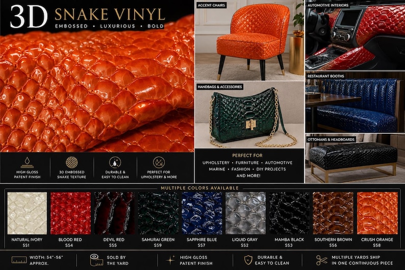 May include: 3D embossed snake vinyl in Crush Orange, with a high-gloss patent finish. The image showcases the material used for upholstery, furniture, and automotive interiors. Multiple colors are available, with a width of 54-56 inches.