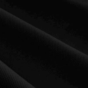 May include: Close-up of black fabric with a textured, woven pattern. The material is draped, creating folds and shadows that add depth. The dark color suggests a garment or textile.