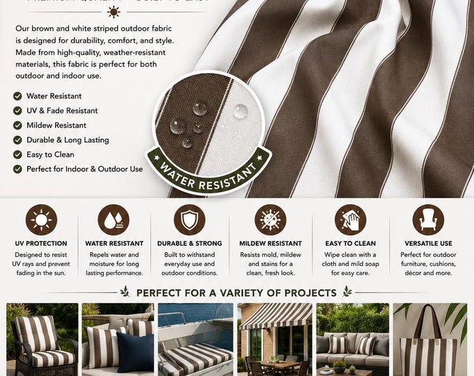 Brown White Striped Waterproof Outdoor Canvas fabric 60" wide per yard