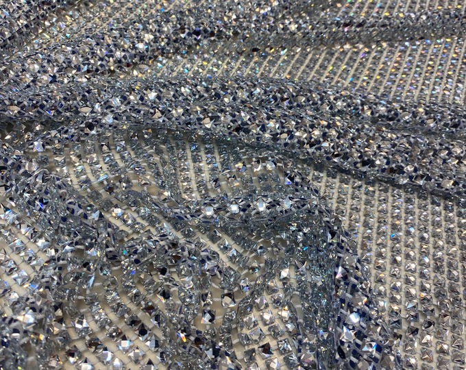 Silver Diamond Rhinestone Mesh Fabric – Sparkly Crystal Net Fabric by the Yard for Costumes, Dancewear, Gowns, DIY Crafts