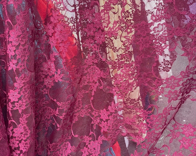 Burgundy Vintage Stretch Floral Lace 4 way poly  spandex Fabric By The Yard Wedding, Prom, Dresses, Lingerie, Pageant