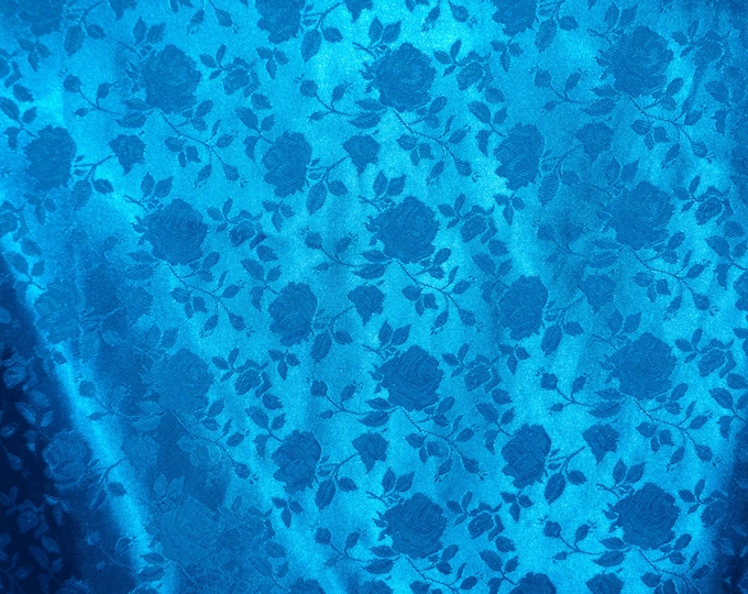 Turquoise brocade floral satin Jacquard fabric 58" wide per yard