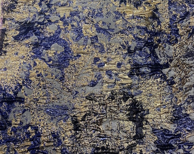 Navy / gold sansa crinkle Brocade jacquard light weight fabric by the yard