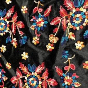 Floral Design #2 Embroidered Black Stretch Velvet dance wear home decor fabric by the yard 60" Wide