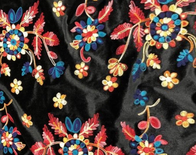 Floral Design #2 Embroidered Black Stretch Velvet dance wear home decor fabric by the yard 60" Wide