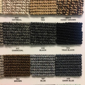May include: Color chart with 12 carpet samples. The samples are arranged in three rows of four. The colors include oatmeal, tan, honey brown, charcoal, black, true black, brown, blue, and dark blue.