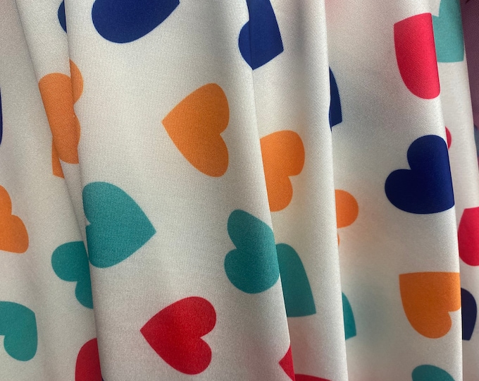 Multi hearts on white spandex Swimsuit clothing Fabric by the yard