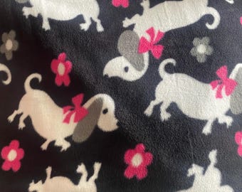 Cute Dachshund Dog Fleece Fabric – Black, White & Pink Puppy Print with Flowers | Soft Anti-Pill Fleece by the Yard
