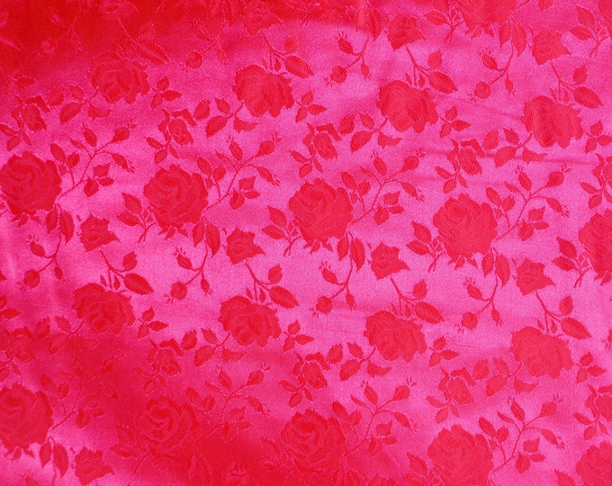 Neon pink Jacquard fabric Satin Floral 58" wide per yard