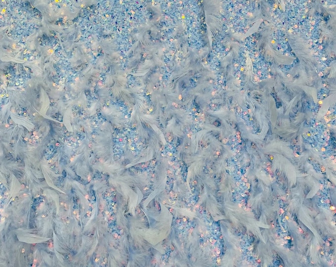 Light blue sequin stretch velvet with feathers , 4-Way stretch  fabric by the yard 60" Wide