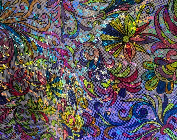 Floral Shattered multi colors on white Spandex Fabric by the yard