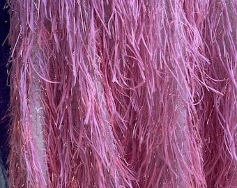 Dark pink feather tinsel on mesh fabric per yard 60" wide
