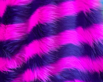 Purple and Fuchsia Stripe Shaggy Faux Fur Fabric, Long Pile - 58" Wide