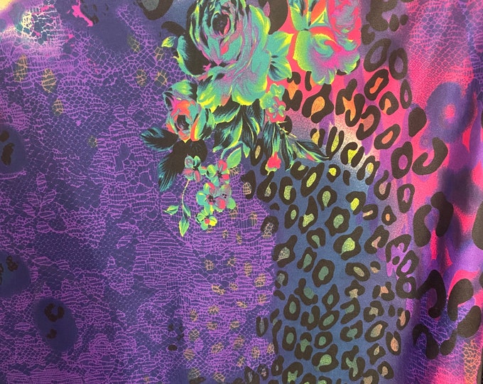 Purple floral leopard spandex dance swimsuits 4 way stretch  58" Wide, BY THE YARD