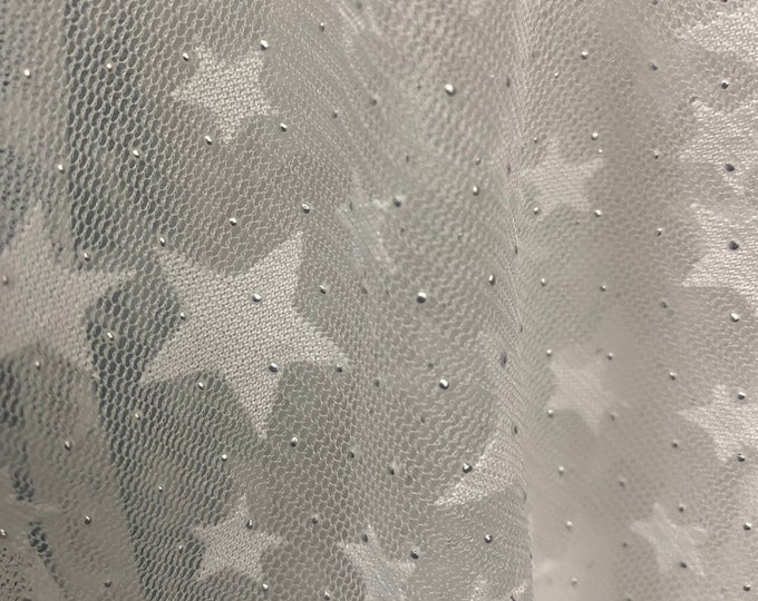 White Star on mesh with Studded beads Mesh Fabric sold by the yard