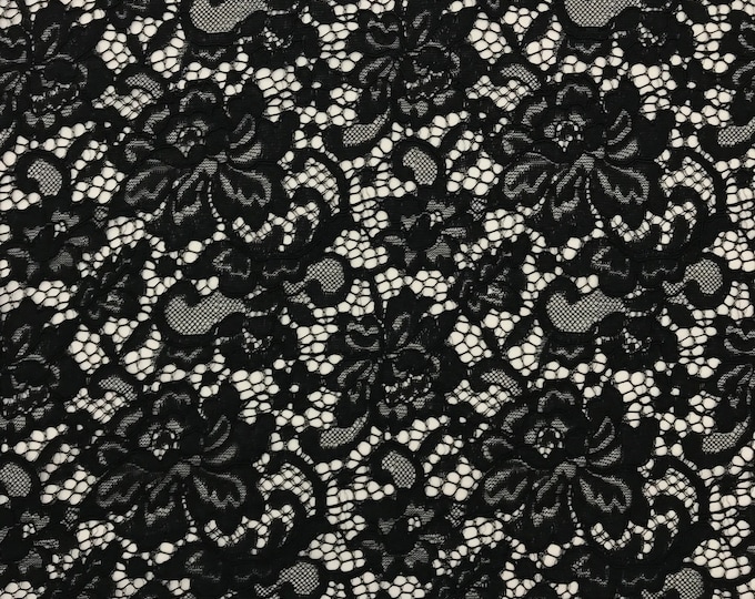 Black Floral lace  Vintage corded Fabric Sold By The Yard