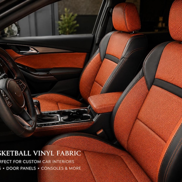 Basketball Faux Leather Vinyl Fabric | Sports Upholstery Material, Textured Basketball Grain Fabric by the Yard
