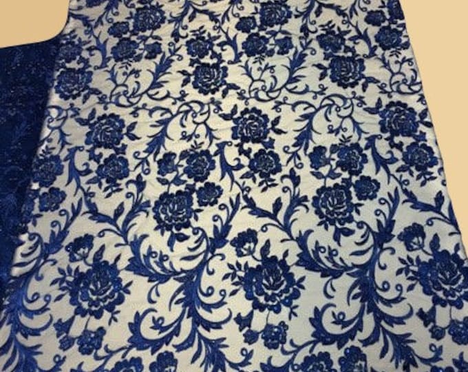 Royal BLUE HAND LACE  scalloped Fabric by the yard, 52" Wide Lace, mesh, dress,