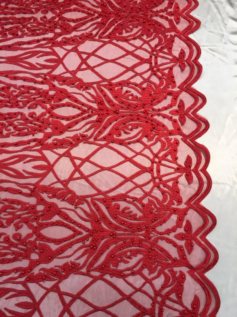 52 Wide Lace mesh BEADED scalloped Fabric by the yard dress, RED