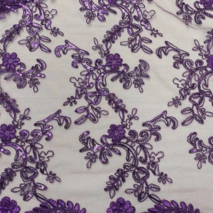 Elena purple corded Floral lace with sequin Fabric Sold By The Yard
