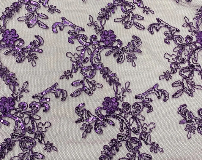 Elena purple corded Floral lace with sequin Fabric Sold By The Yard