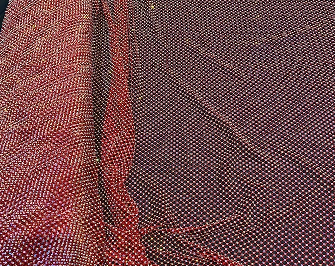 Rhinestone on red Mesh Shiny Crystal Fabric Rainbow Stretch Fabric