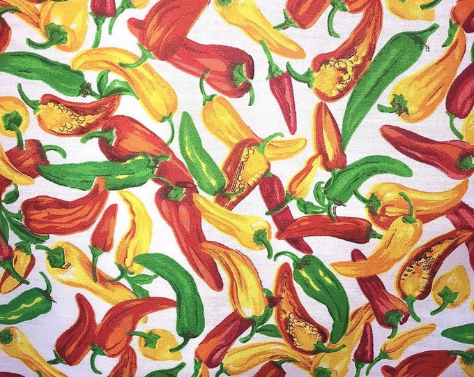 Colorful HOT CHILIS Poly Cotton Print Fabric on white 60” wide