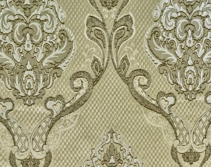 Damask on Ecru Renaissance Jacquard  Upholstery drapery fabric by the yard