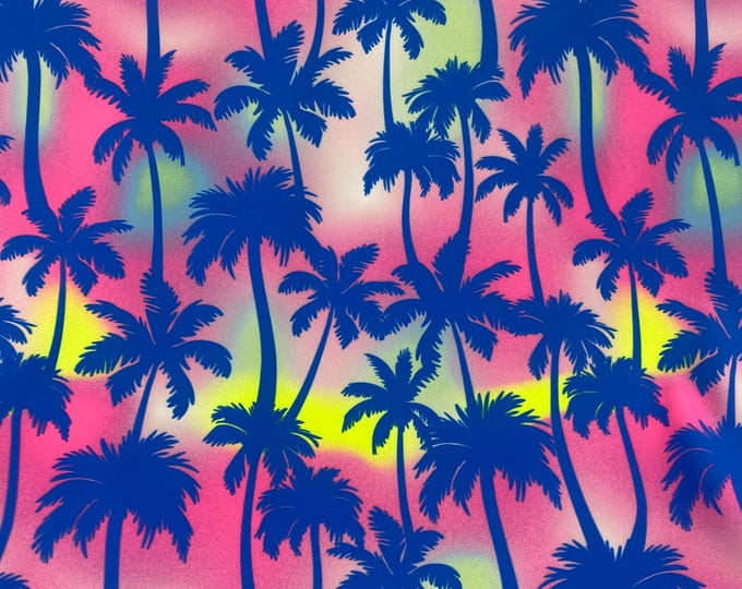 Neon Tropical Palm Tree Fabric – Vibrant Blue Silhouette on Pink, Sunset Ombre – Spandex Polyester, 60” Wide