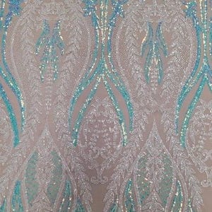 Iridescent Blue/ White Multi Color 4-way Stretch Iridescent Sequin Fabric Embroidered on Spandex Mesh Sold By The Yard