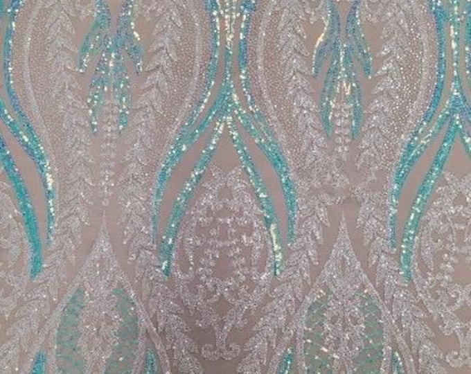 Iridescent Blue/ White Multi Color 4-way Stretch Iridescent Sequin Fabric Embroidered on Spandex Mesh Sold By The Yard