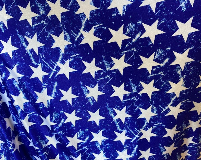 White stars on blue Spandex Stretch Activewear Fabric by the Yard