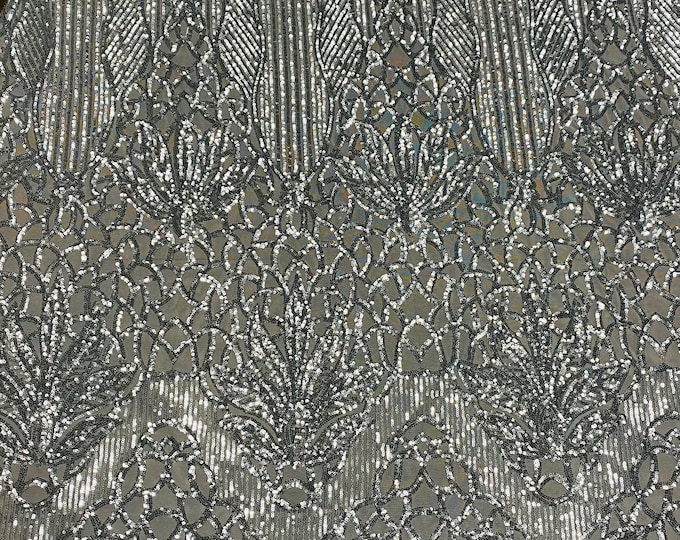 Sequin silver on white mesh , 4-way Stretch, Fabric 54" Sold By the Yard