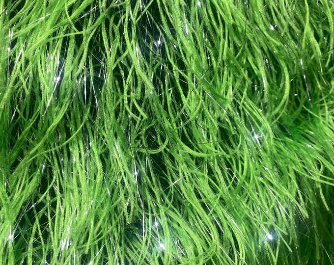 Green feather silver tinsel on mesh fabric per yard 60" wide