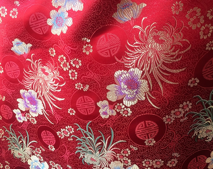 Brocade Satin red Floral wide per yard 45”